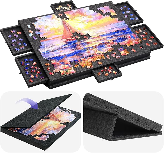 Hatisan Puzzle Board with Drawers and Cover, Portable Felt Puzzle Table for Adults,Foldaway Jigsaw Puzzle Board for Birthday (Dark Grey, 1000 PCS)