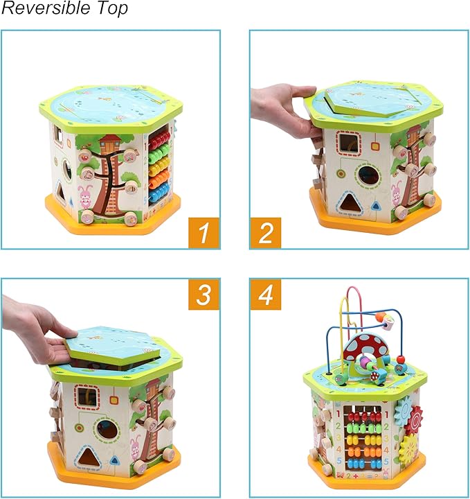 LAVIEVERT 9-in-1 Wooden Play Cube Activity Center Multifunctional Bead Maze Shape Sorter Educational Toys Game for Toddlers & Kids