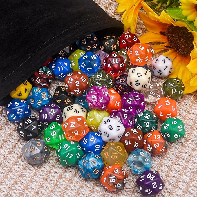 AUSTOR 70 Pieces 20 Sided Dice Mixed Color Polyhedral Dice Set 20 Sides Dices Assortment with a Black Velvet Storage Bag for DND RPG MTG Table Games