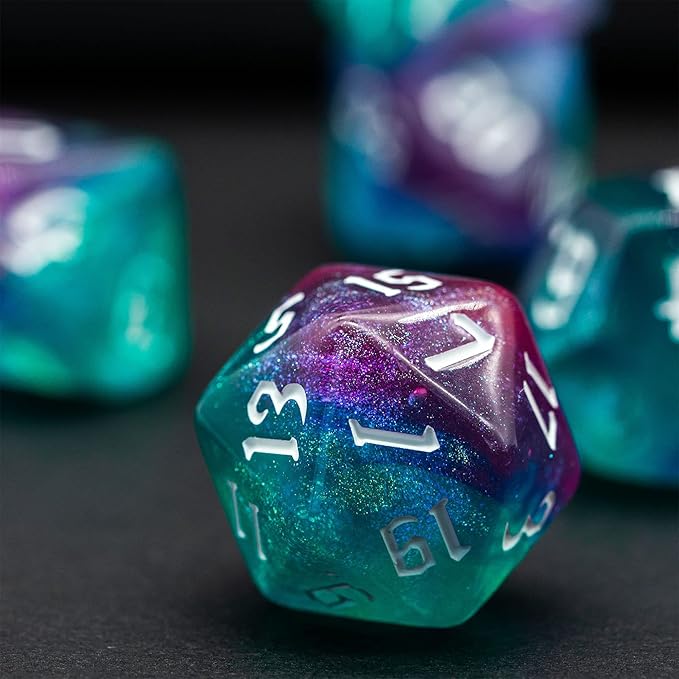 5 Sets DND Dice, Polyhedral Dice Set (35pcs) with Leather Dice Bag, D&D Dice Set for Dungeons and Dragons, RPG, MTG Table Games (Sickle Font Double Color Glitter Series).