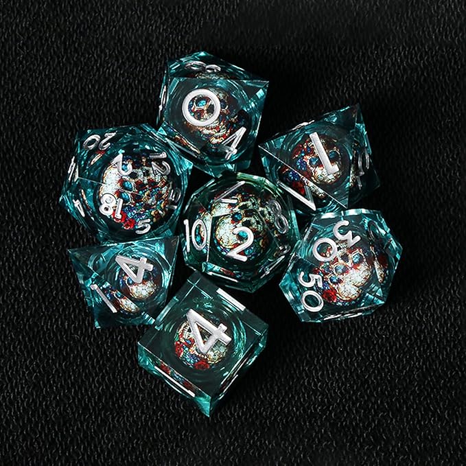Skull D&D Dice Set with Sharp Edges, Resin Polyhedral 7pcs Dice for Dungeons and Dragons RPG, Gift Dragon Eye Bag (Green Silver)