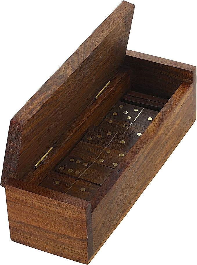 Ajuny Wooden Domino Game Set with Boat Wheel Anchor Design Classic Storage Box Numbers Table Handcrafted Dominoes Game for Kids Adults Family Outdoor Indoor Games 7.75x2 Inch