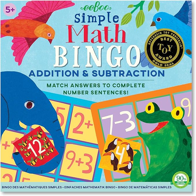 eeBoo: Simple Math Bingo Game, Addition & Subtraction, Match Answers to Complete Number Sentences, 54 Tiles Included, for Ages 5 and up