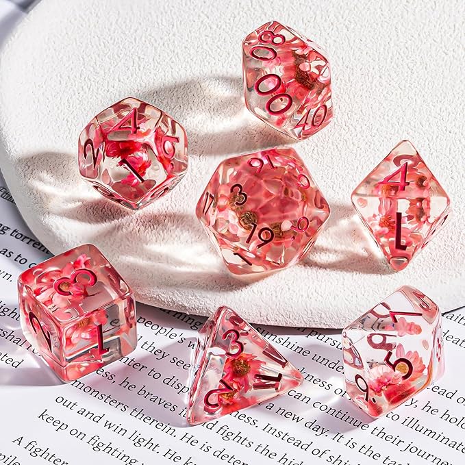 Flower Resin D&D Dice Set, 7pcs Polyhedral Dice for Dungeons and Dragons, RPG, MTG, Role Playing Games (D4, D6, D8, D10, D12, D20, D%)