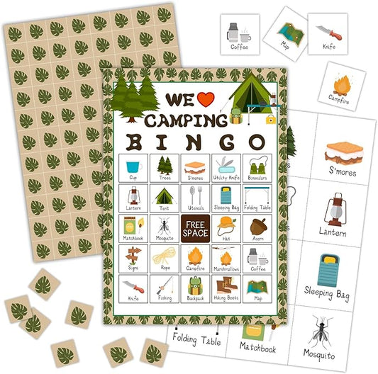 Camping Bingo Games, 24 Players Bingo Cards, Campground Activity for Friends Family, Vacation Gifts for Adult Teenager, Camping Games Camping Party Game Bingo Supplies -03
