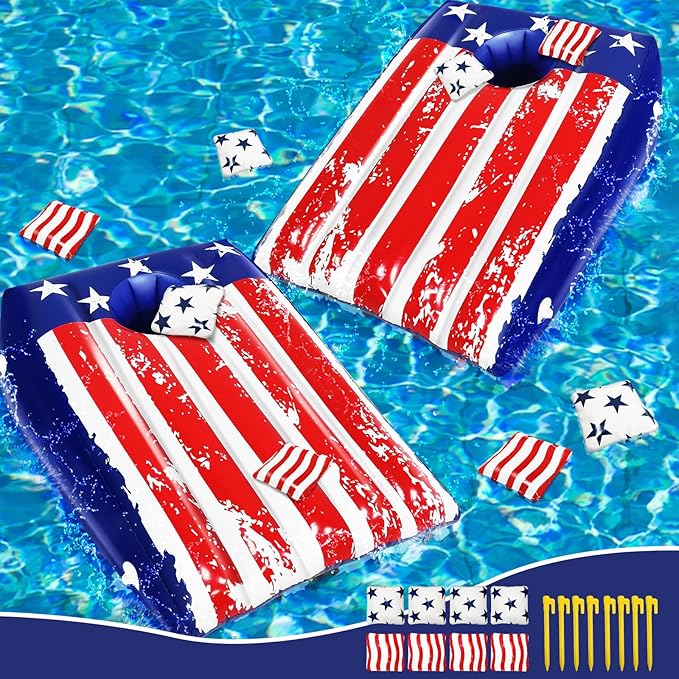 Pool Cornhole, 2 Pack Cornhole Boards 8 Bean 8 Stake, Pool Games for Adults Teen Family, Inflat American Flag Pools Toy Bean Bag Toss Game Pools & Beach & Ground Multi Occasions Summer Patriotic Party