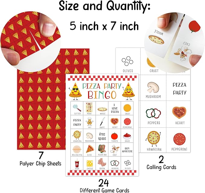 Pizza Bingo Party Games with 24 Players, Pizza Party Time, Birthday Party Games Card, Family Activities Bingo Cards for Women Men Birthday Party Supplies, Party Favors Gifts for Friends - FS179
