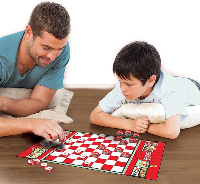 MasterPieces Family Game - Coca-Cola Checkers - Officially Licensed Board Game for Families, Green,red,silver