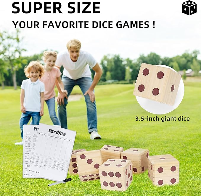 Giant Yard Dice Game Set,Wooden Classic Yard Game 3.5",Lawn Game with 2 Double Sided Scoreboard, 2 Dry Erase Marker Pens and Durable Storage Bag