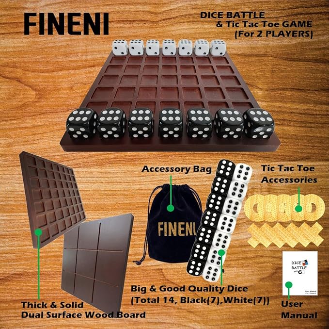 Dice Battle and TicTacToe Dual Sides Board Games, Wooden Coffee Table Games for Adults, 2 Player Best Bar Dice Games, Indoor Tabletop Game & 2 Players Wood Table Top Dice Game (Dual(2)/Brown)