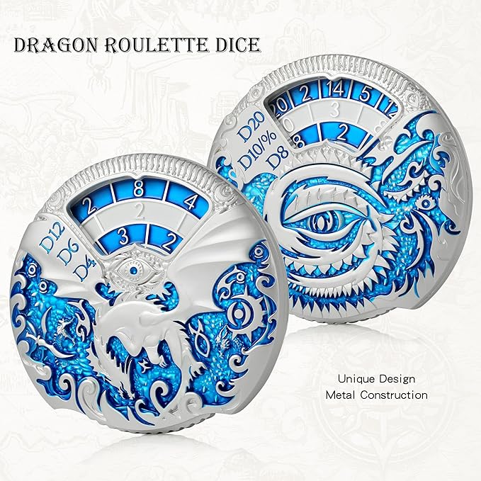DND Dice DNDND Dragon Roulette Spinner D&D Dice 7-in-1 Spinner Metal DND Dice Set with Luxulious Gift Box for Dungeons and Dragon and Tabletop Game (Silver with Blue)