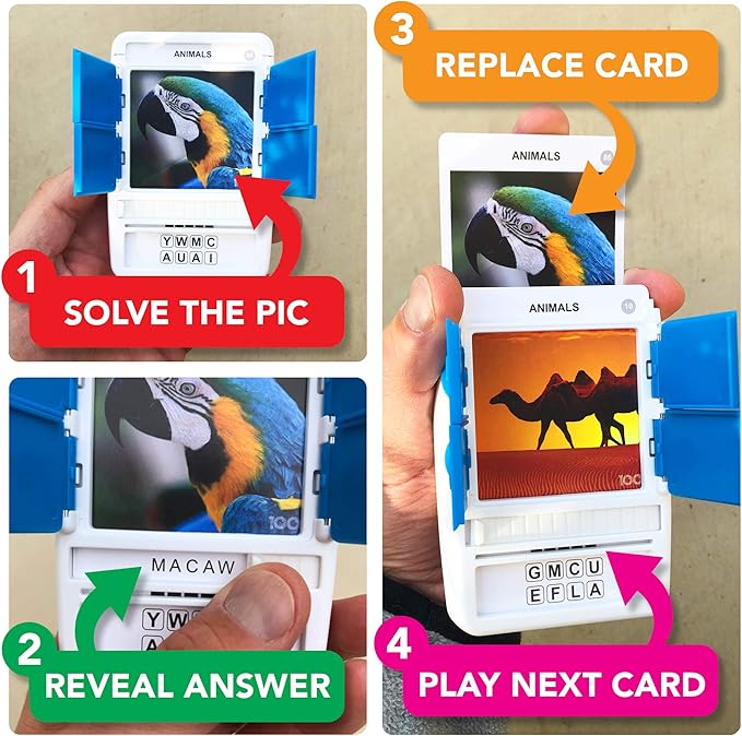 100 PICS Animals Travel Game - Guess 100 Animals | Flash Cards with Slide Reveal Case | Card Game, Gift, Stocking Stuffer | for Kids and Adults | Ages 6+