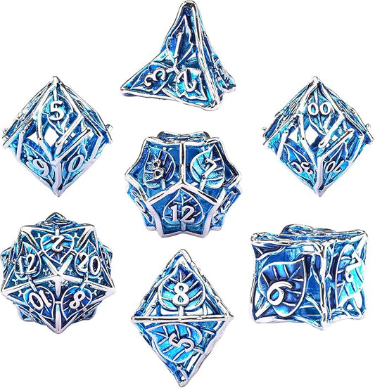 AUSTOR Metal DND Dice Set 7 Pieces Leaf DND Dice Hollow Polyhedral Dice D20 D12 D10 D% D8 D6 D4 Metal Dice with Metal Box for Dungeons & Dragons RPG Board Games (Blue & Silver)