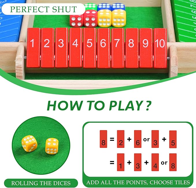 Shut The Box Dice Game - Travel Size 4 Player Classic Wooden Tabletop Entertainment Board Game for Kids & Adults - Fun Family Classroom Home Party or Pub Strategy Games