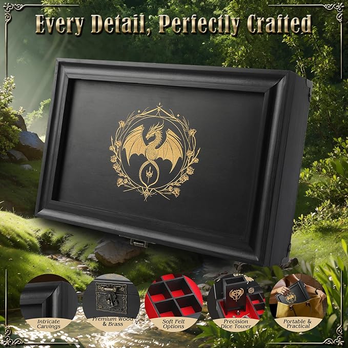 Portable Wooden Dice Tray & Tower with Magnetic Dashboard, Includes Reusable Sheet & Dry Erase Marker, Dice Holder & Box, RPG Storage - Perfect for Dungeons and Dragons, D&D, Board Games