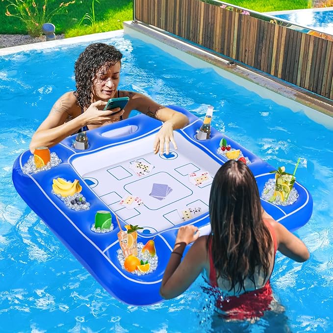 Pool Inflatable Game Table with Waterproof Playing Cards(35.5 inches×35.5 inches,Blue/White)