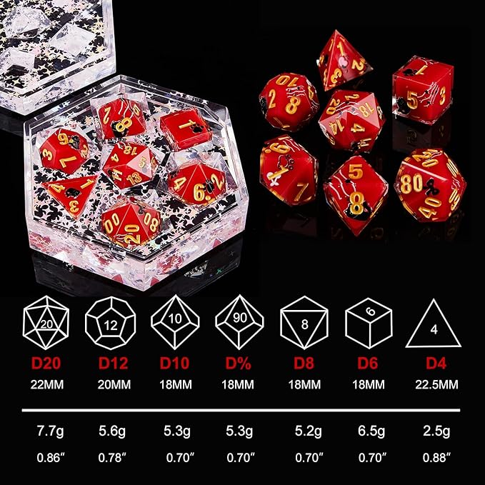 DND Dice Set Polyhedral, IDTQ Dungeons and Dragons Purple Dice Set RPG MTG Table Games 7-Die Resin Sharp with Acrylic Starlight Accent Box (Cats-Red)
