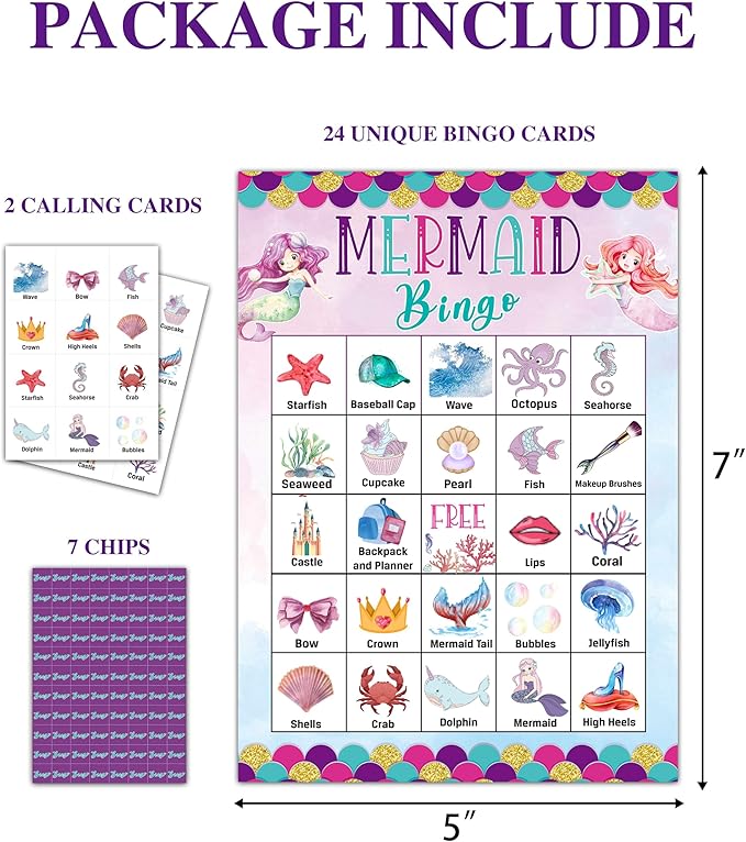 Mermaid Bingo Game, Mermaid Games Bingo Cards for Adults Kids, School Games, Birthday Bingo, Ocean Party Favors Supplies Decorations, 24 Players Bingo Game (B10), Pink