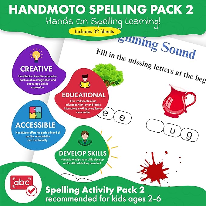 HandMoto Spelling Activity Pack 2 - Use Our Spelling Games for Kids to Make Learning Fun - Improve Word Recognition & Vocabulary Skills with Our Whiteboard Spelling Toy