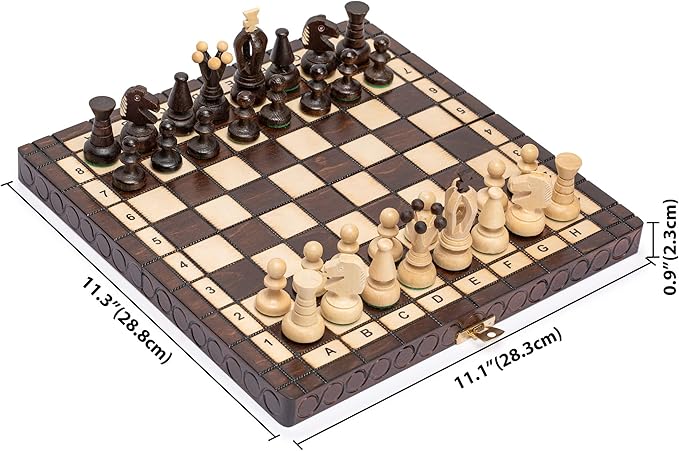 Husaria European International Chess Wooden Game Set, King's Classic - 11.3-Inch Small Size Chess Set with Folding Board and Felt Bottom Chessmen