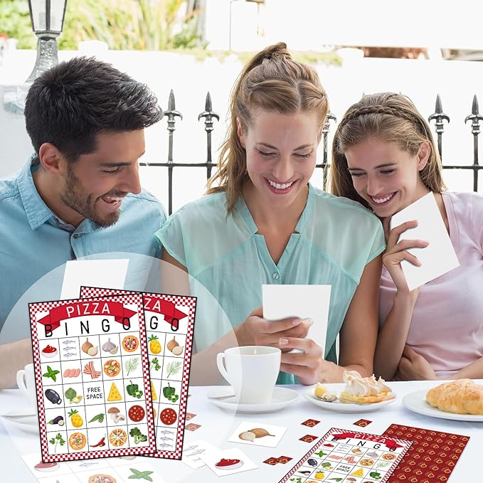 Pizza Party Bingo Game 24 Players Pizza Party Time Bingo Cards for Women Man Birthday Favors for Family Holiday Party Activity Supplies Party Decoration Game- JK0101