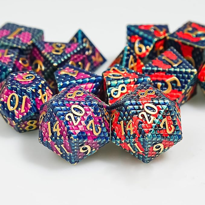 Metal DND Dice Set,Colorful Dragon Scales DND Dice 7-pcs Metal Polyhedral Dice Set for Dungeons and Dragons RPG MTG Table Games