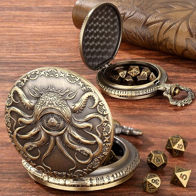Mini DND Dice Set Steampunk One-Eye Octopus Pocket Watch Shell Case, 7-Piece Polyhedral Metal D&D Dice Set, DND Gifts with Gift Box, Role Playing Board Game Accessories Dice, Bronze