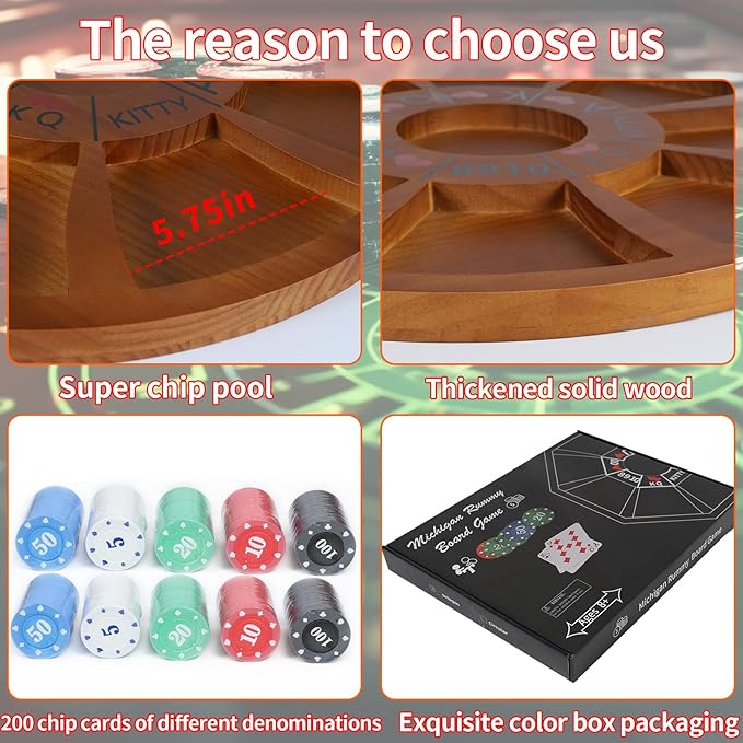 Michigan Rummy Game Luxury Set Royal Hearts Rummy Poker Wooden Tripley Board Game Bravado Game Classic Family Card Game 100 Chips 2 Playing Cards(Large Circular Shape, Walnut Color)