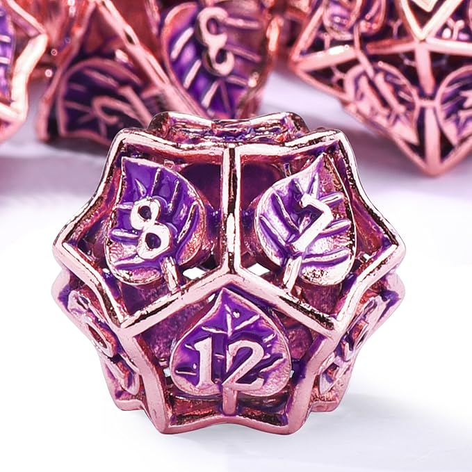 AUSTOR Metal Maple Leaf DND Dice Set 7 Pieces Hollow Polyhedral Dice D20 D12 D10 D% D8 D6 D4 Copper Dice with Metal Box for Dungeons & Dragons RPG Board Games (Violet & Gold)