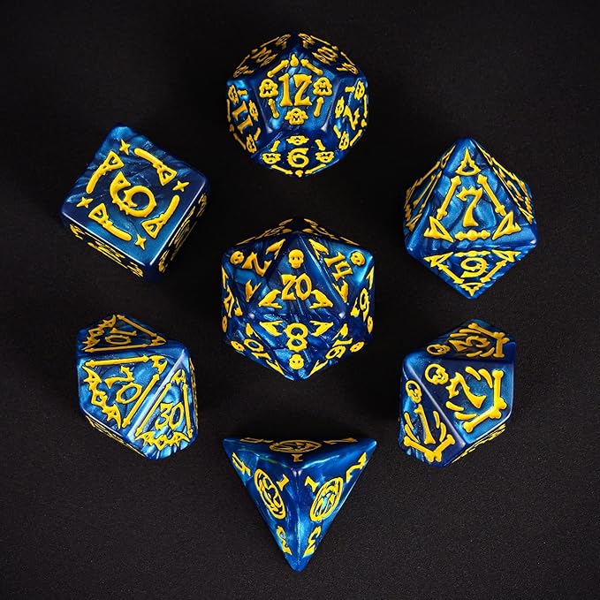 7-Die DND Dice Set Halloween Pattern Polyhedral Dice Set with Leather Bag, Skull Dice D&D Dice Set for Dungeons and Dragons RPG Table Games (Halloween Pattern-Blue)