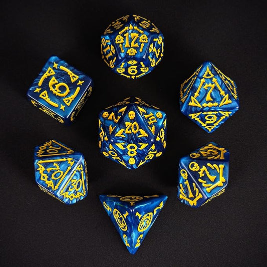 7-Die DND Dice Set Halloween Pattern Polyhedral Dice Set with Leather Bag, Skull Dice D&D Dice Set for Dungeons and Dragons RPG Table Games (Halloween Pattern-Blue)