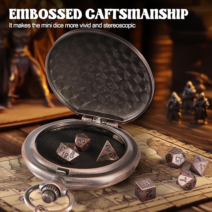 D&D Dice Set,7PCS Metal Dice for Dungeons and Dragons,Mini Dice Set with Pocket Watch Case,Role Playing Board Games Accessories (Monster, Copper)