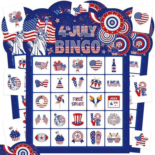 4th of July Bingo Game Cards for Kids Adults, 24 Players Patriotic Bingo Cards Independence Day Game for School Classroom Family Activities Patriotic Party Favors Supplies