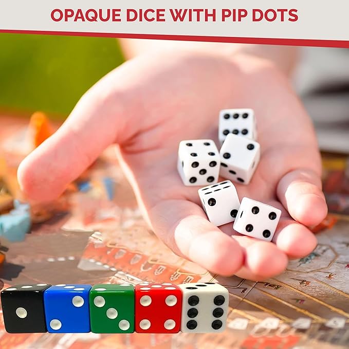 MR CHIPS D6 Standard 16 mm Opaque Dice with Pip Dots - 100 Pack - 5 Color Mix