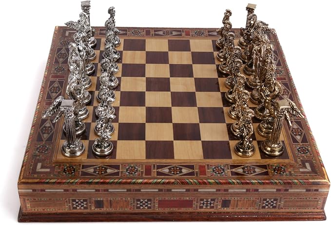 Medium Mythologic Pegasus Metal Chess Set for Adults,Handmade Pieces and Natural Solid Wooden Chess Board with Storage Inside King 3.35inc
