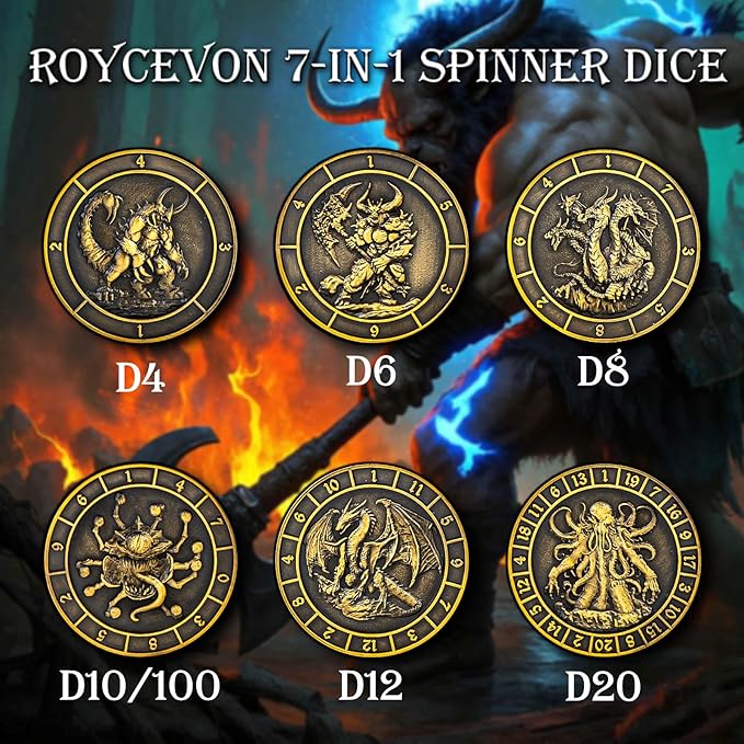 7 in 1 Spinner DND Dice Set, Metal D and D Dragon Dice with Gift Box, Role Playing Dice, Gold