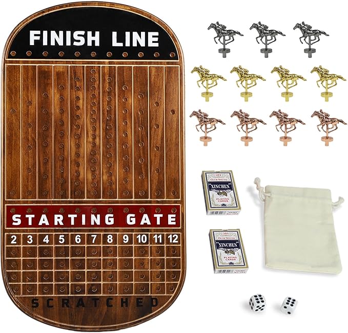 Large 21 Inches Horse Race Board Game Thickened Wood Finish Line Horse Racing Game for Friend's Party Included 11 Metal Horses,2 Dices and 2 Decks of Cards（Oval,Vintage Flame）