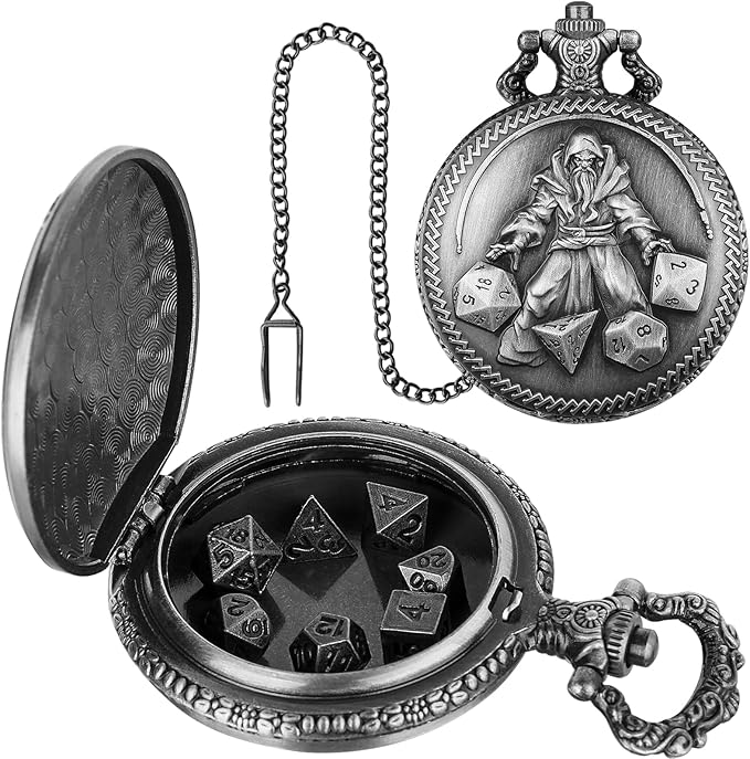Mini DND Dice Set, Hand Held Dice Wizard Pocket Watch Shell Case, 7 Piece Polyhedral Metal D&D Dice Set, DND Gifts with Gift Box, Role Playing Board Game Accessories, Dark Silver