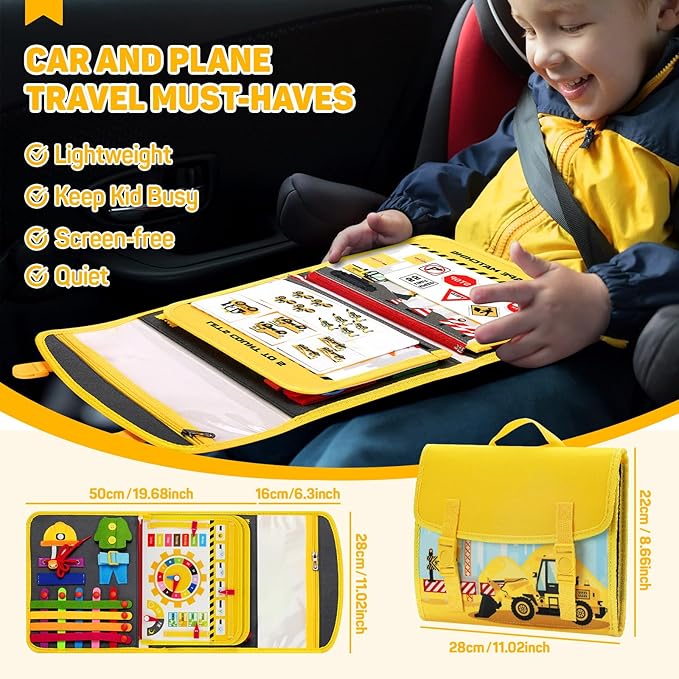 Cokouchyi Toddler Busy Board Backpack Travel, Montessori Toys for 1-4 Year Old Toddlers, First Birthday Gifts for Toddler Girl Age 1-4, Learning Educational Sensory Busy Book for Travel, Truck Cars