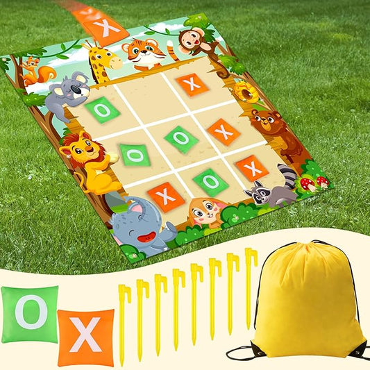 Capoda 20 Pcs Tic Tac Toe Game Set Bean Bag Toss Game Tic Tac Toe Cloth with Bean Bag Storage Pouches Ground Nails for Family Camping Indoor Outdoor Party Toss Games Supplies(Bright,Jungle Animal)