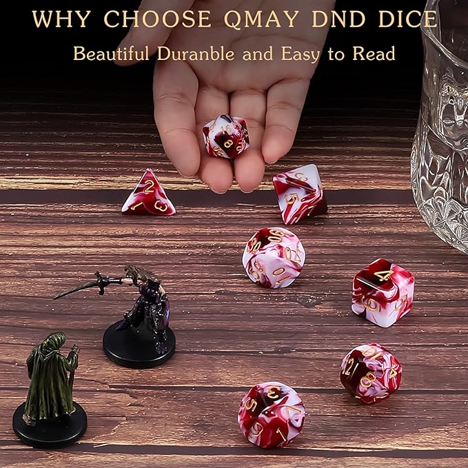 QMAY DND Dice Set -D&D Polyhedral Dice (7 Pcs) for Dungeons and Dragons (Blood red and White)