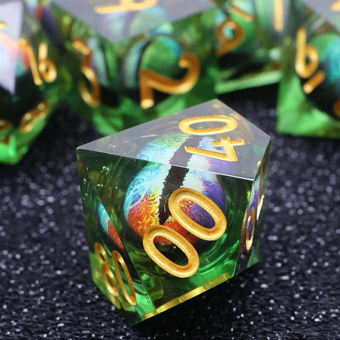 DND Dragon Eye Dice Liquid Core Set 7PCS Handmade Sharp Edge Resin Dice for Dungeons and Dragons Table Games with Gift Case