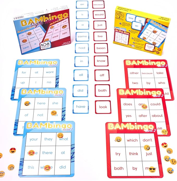 Sight Word Bingo Game Level 1 and 2 - Educational Games for Kids - Learn to Read Vocabulary for Kindergarten 1st Grade - Dolch's Fry's Words Lists