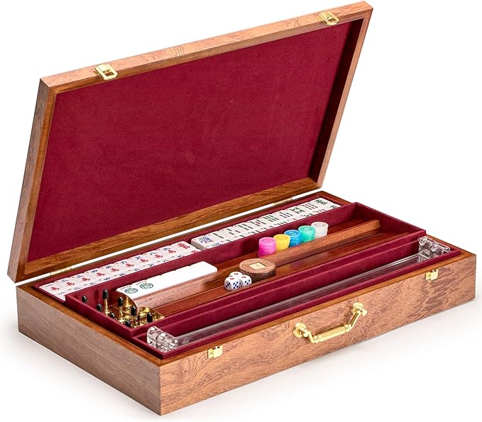 Yellow Mountain Imports American Mahjong Set, Golden Fortune with 166 Acrylic Mahjong Tiles, Inlaid Wooden Case, Racks and Other Accessories