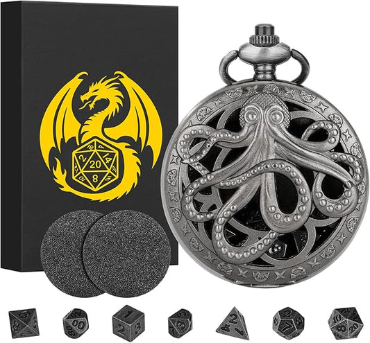 Mini DND Dice Set Steampunk Hollow Octopus Pocket Watch Shell Case, 7pcs Polyhedral Metal D&D Dice Set, DND Gifts with Gift Box, Role Playing Board Games Accessories Dark Silver