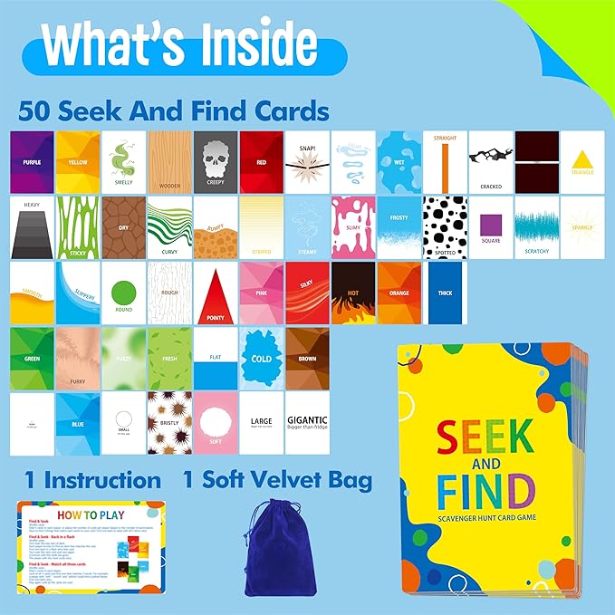 Outdoor Nature Scavenger Hunt Card Game, 50 Seek and Find Cards for Kids and Families, Funny Outside Activity Travel Pocket Game for Family, Toddlers, Kids, Adults-Outside, Yard, Camping Activities
