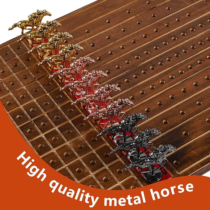 Horse Race Board Game Thickened Wood Finish Line Horse Racing Game Gambling for 2-11 Players Included 11 Metal Horses,2 Dices and 2 Decks of Cards（Oval,Vintage Flame）