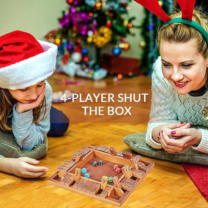 ApudArmis 4-Way Shut The Box, Large Wooden Board Game Set with Dice, 4 Ways Play Shut-The-Box for Kids Learning Addtion Adults Classroom Home Party Pub (14 in,Vintage)