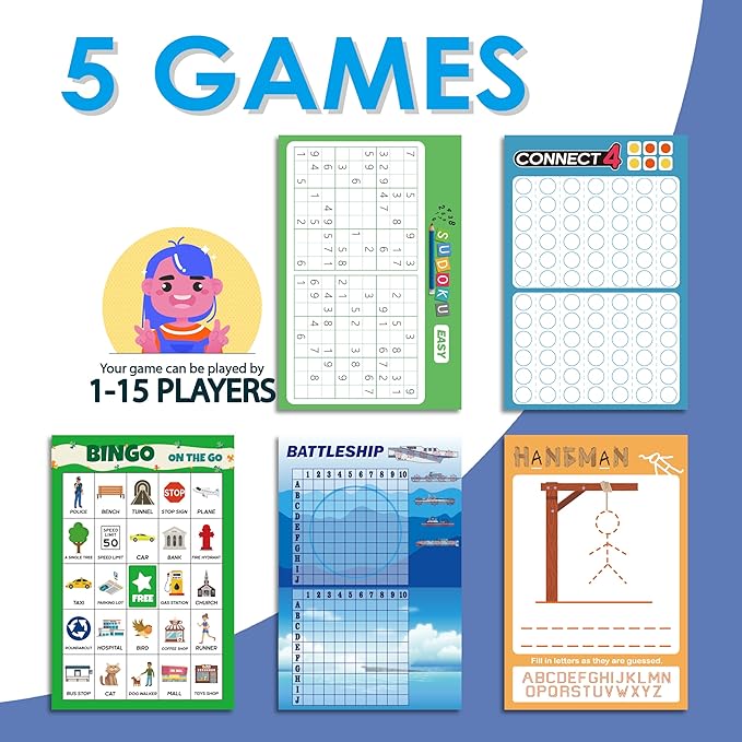 5 Portable Travel Game Activities Pad On The Go Plane Trip Pen Pencil and Paper Game for Kids 6 x 9-inches (75 Sheets) Version 2