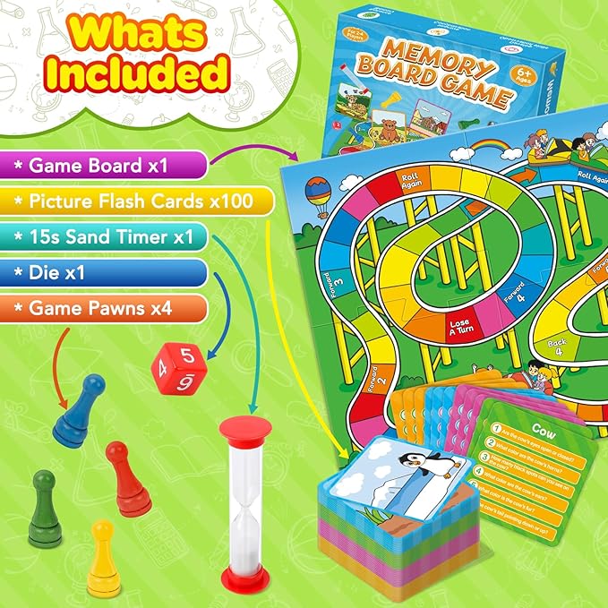 Memory Board Games for Kids and Adult, Family Night Party Games for Children, Picture Flash Cards Improve Brain Training Learning Educational Activities Develop Concentration and Observation